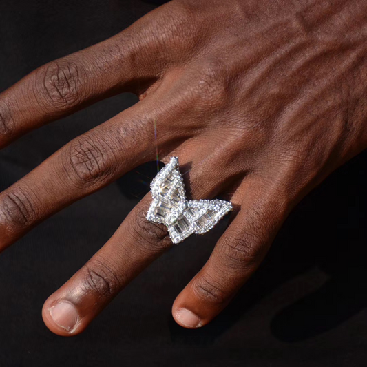 White Gold Iced Out Baguette Butterfly Ring Tripodjewelry