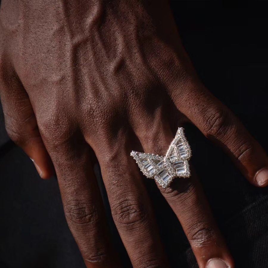 White Gold Iced Out Baguette Butterfly Ring Tripodjewelry