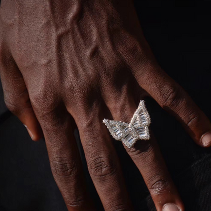 White Gold Iced Out Baguette Butterfly Ring Tripodjewelry