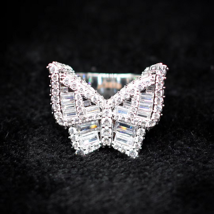 White Gold Iced Out Baguette Butterfly Ring Tripodjewelry