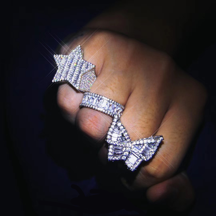 White Gold Iced Out Baguette Butterfly Ring Tripodjewelry