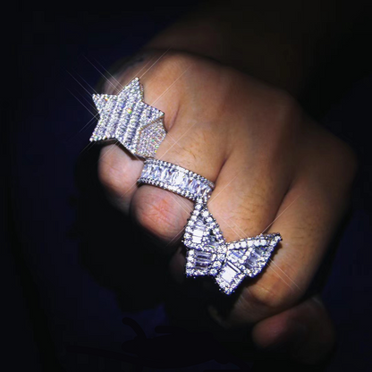 White Gold Iced Out Baguette Butterfly Ring Tripodjewelry