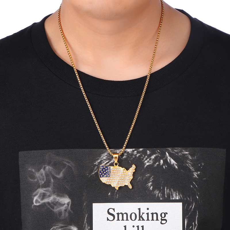 18K Gold Iced America Map Pendant