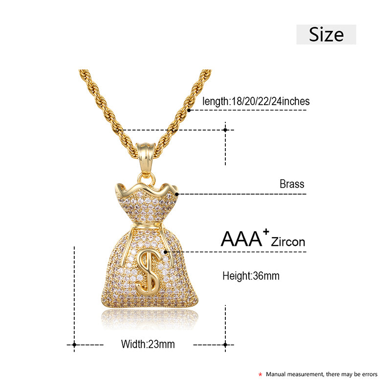 18K Gold Iced Out Money Bag Pendant