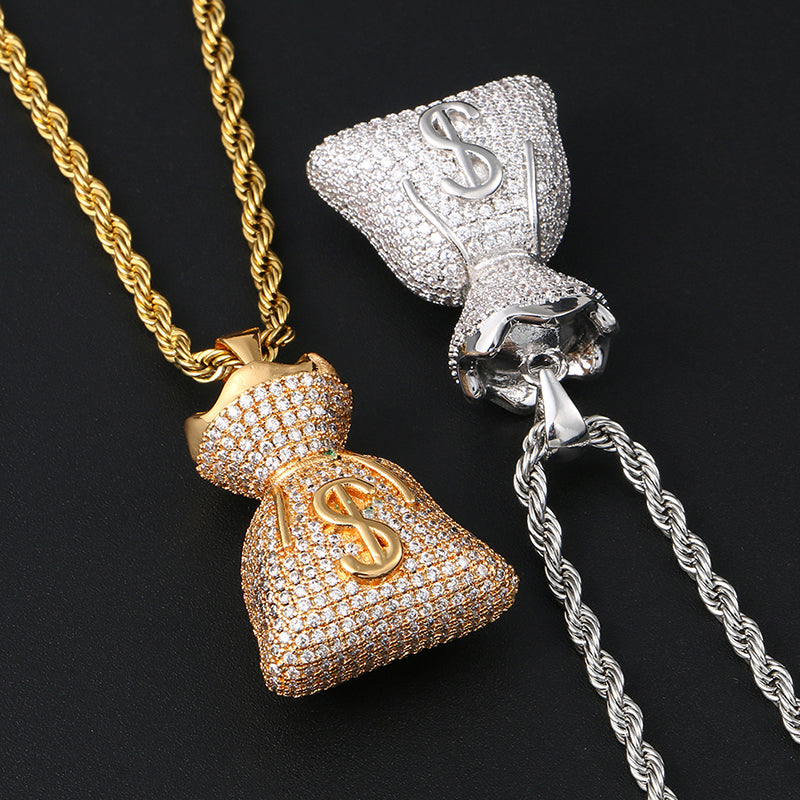 18K Gold Iced Out Money Bag Pendant