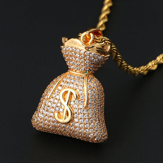 18K Gold Iced Out Money Bag Pendant