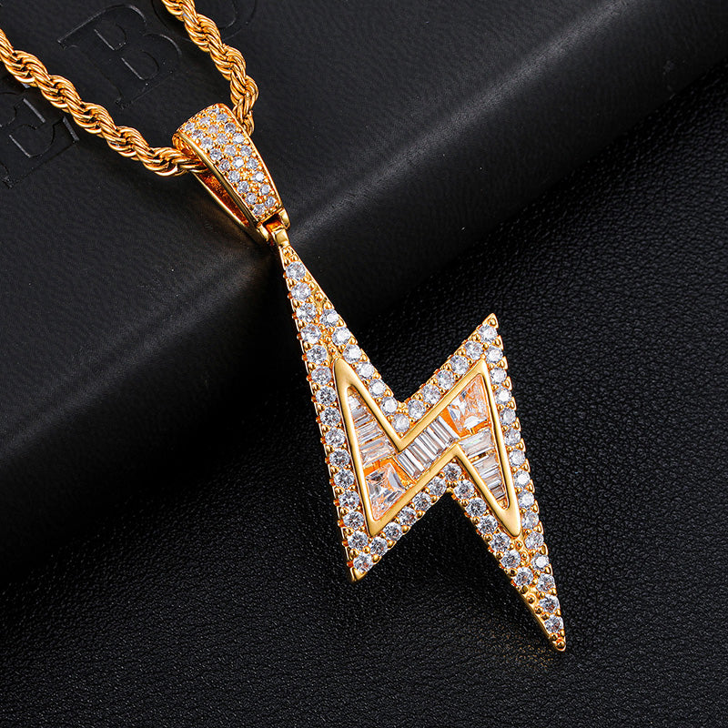 Iced Out 18k Gold Lightning Pendant