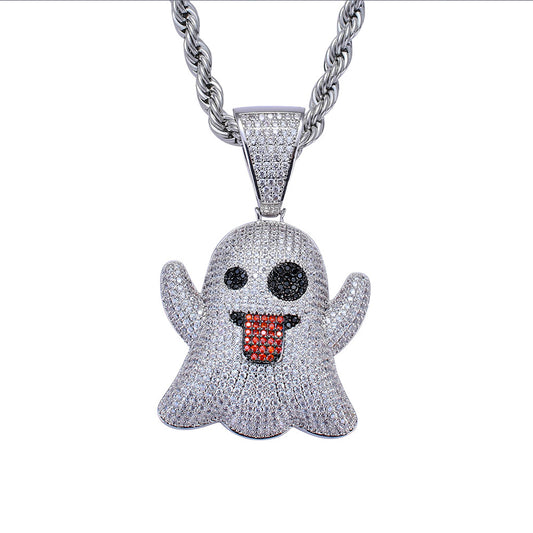 White Gold Iced Ghost Emoji Pendant