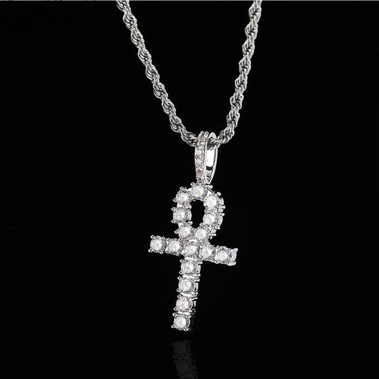 White Gold Iced Out Ankh Cross Pendant Necklace