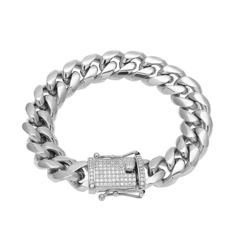 14MM White Gold Plated Stainless Steel Iced Out Miami Cuban Link Bracelet