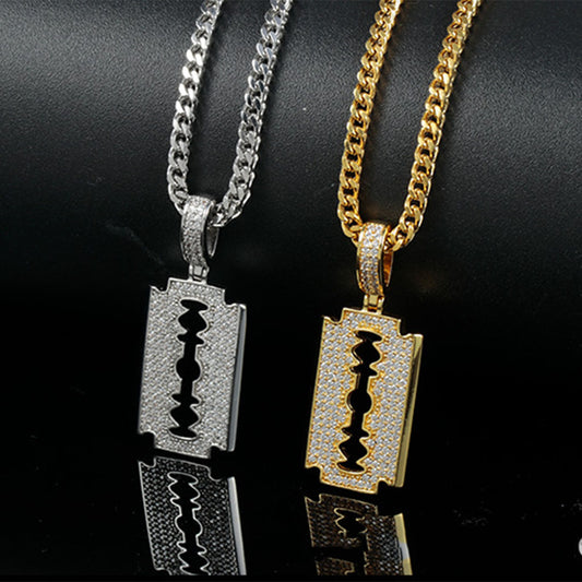 18K Gold Iced  Razor Blade Pendant