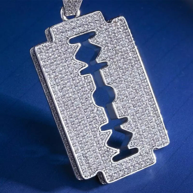 White Gold Iced  Razor Blade Pendant