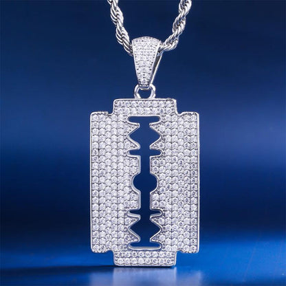 White Gold Iced  Razor Blade Pendant