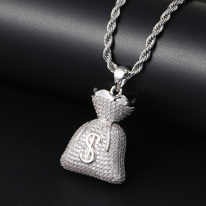 White Gold Iced Out Money Bag Pendant