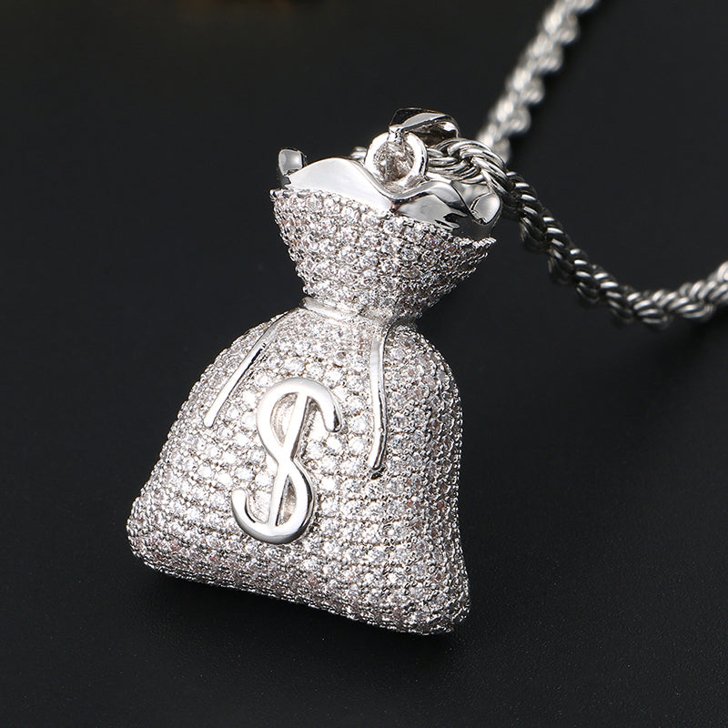 White Gold Iced Out Money Bag Pendant